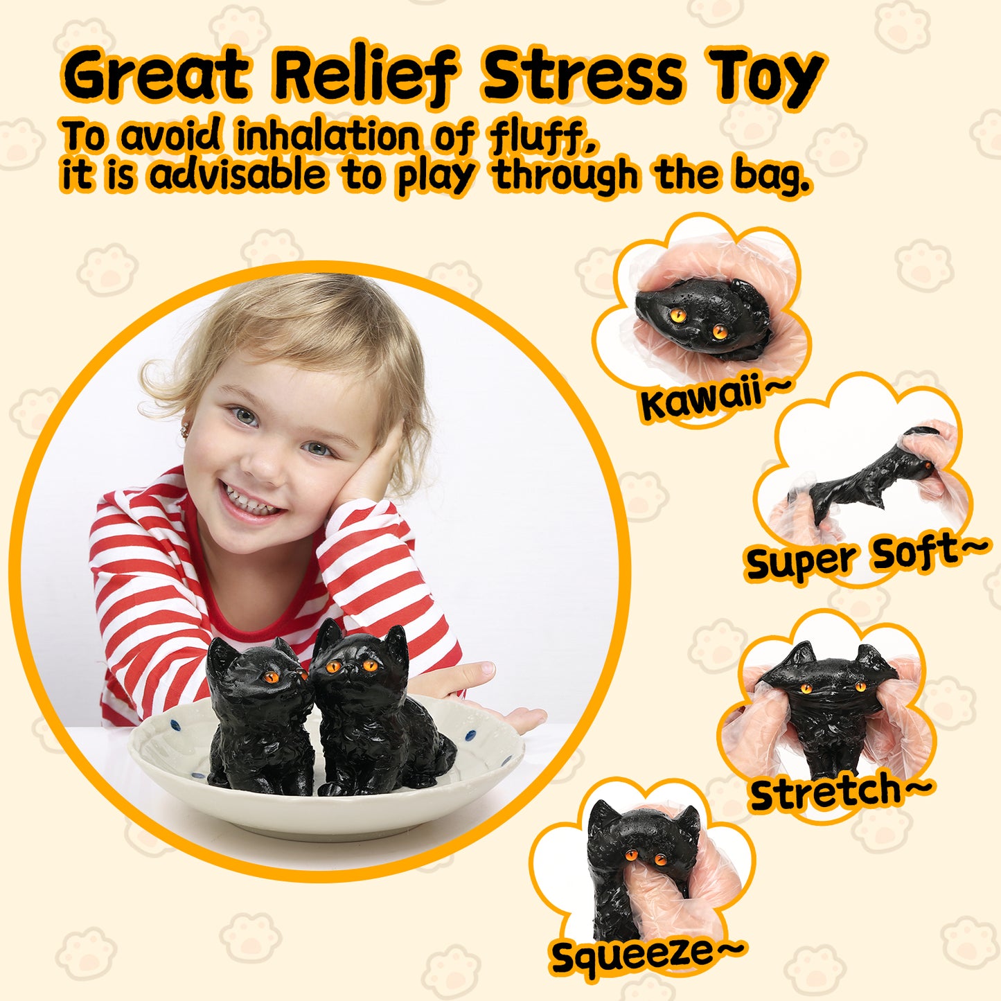 Cat Squishies Toy,2pcs Black Cat Squeeze Animal Toys,Simulation Cat Stress Relief Toy Furry Squish Novelty Toy with PVC Packaging Gift for Kids Adults