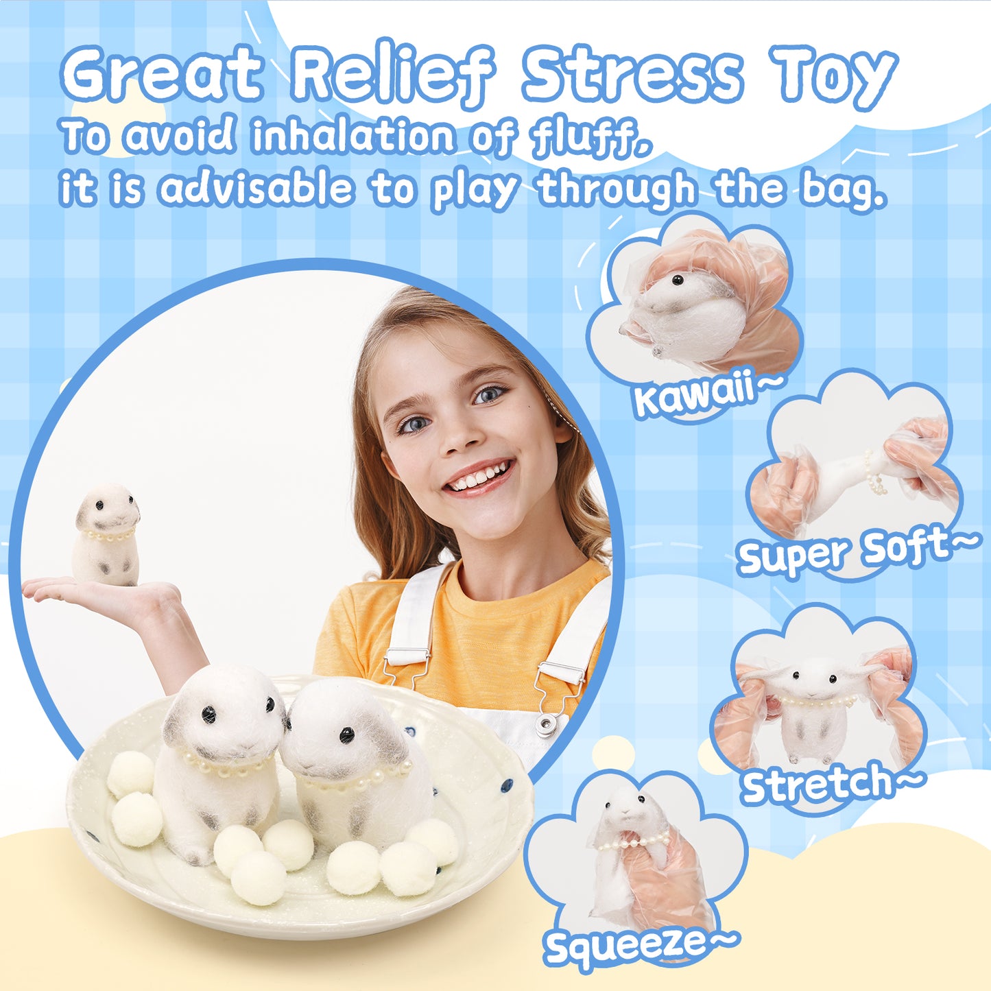 Easter Squishies Rabbit Toys,2pcs White Bunny Squeeze Animal Toys,Simulation Bunny Stress Relief Toy Furry Squish Novelty Toy with PVC Packaging Easter Basket Gift for Kids Adults