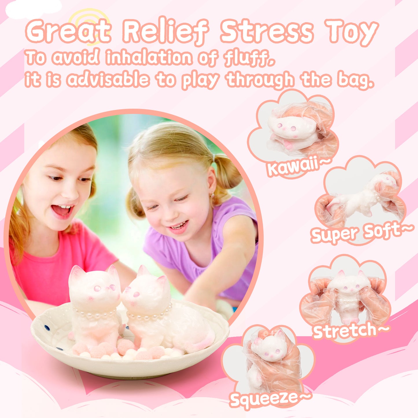 Cat Squishies Toy,2pcs White Cat Squeeze Animal Toys,Simulation Dog Stress Relief Toy Furry Squish Novelty Toy with PVC Packaging Gift for Kids Adults