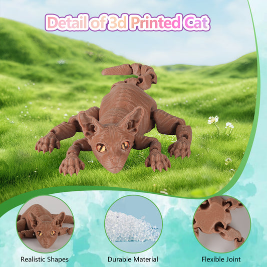 3D Printed Cat Animal Toys,12 Inches Hairless Cat Articulated Flexible Fidget Toys,Jumbo 3D Printed Sphynx Cat Animal Stress Toy for Home,Officec,Desk Decor