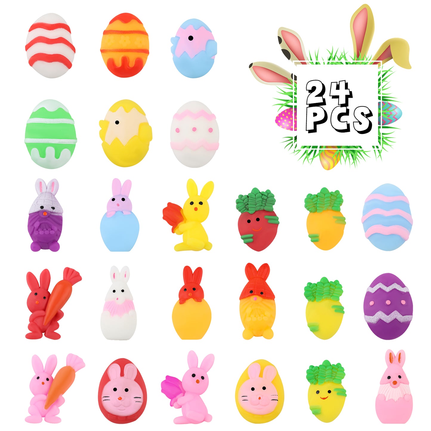 24 Pcs Easter Mochi Squishies Toys,Mini Chick Bunny Mochi Squeeze Easter Toys for Kids Party Favor,Cute Stress Relief Easter Egg Filler Basket Stuffer Gifts
