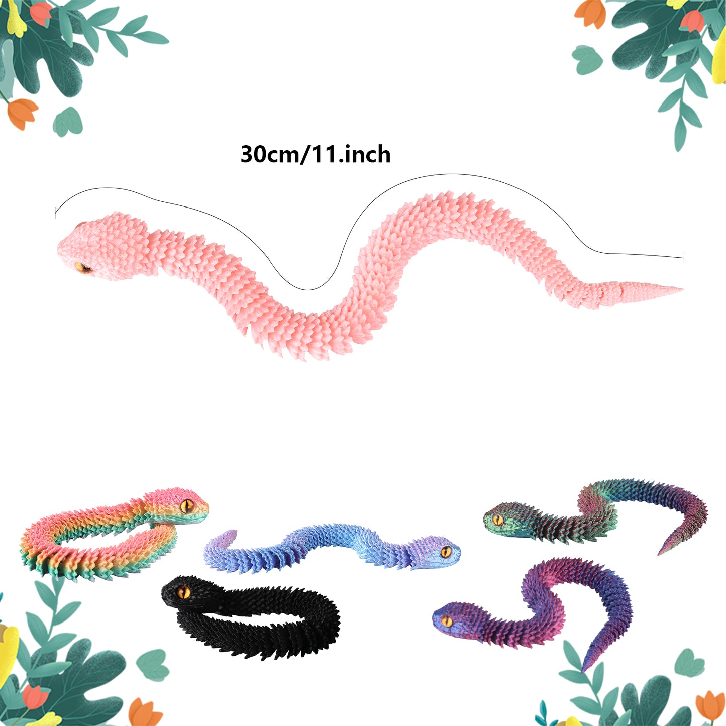 3Pcs 3D Printed Snake Animal Toys,11.8" Realistic Snakes Articulated Flexible Fidget Toys,3D Printed Scary Snake Animal Figure Toy for Home,Officec,Desk Decor