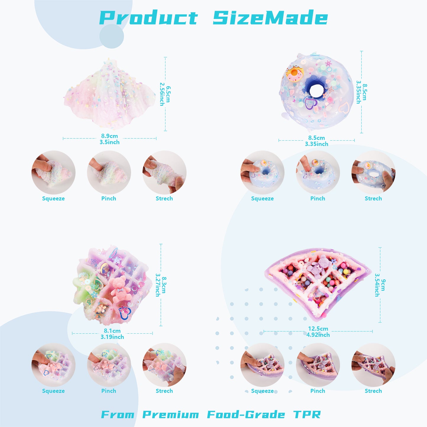 Food Squishy Toy Sets of 4,Squeeze Donuts Waffle Croissant Stress Relief Fidget Toys Pack,Jumbo Simulated Food Squish Toy for Kids Adult