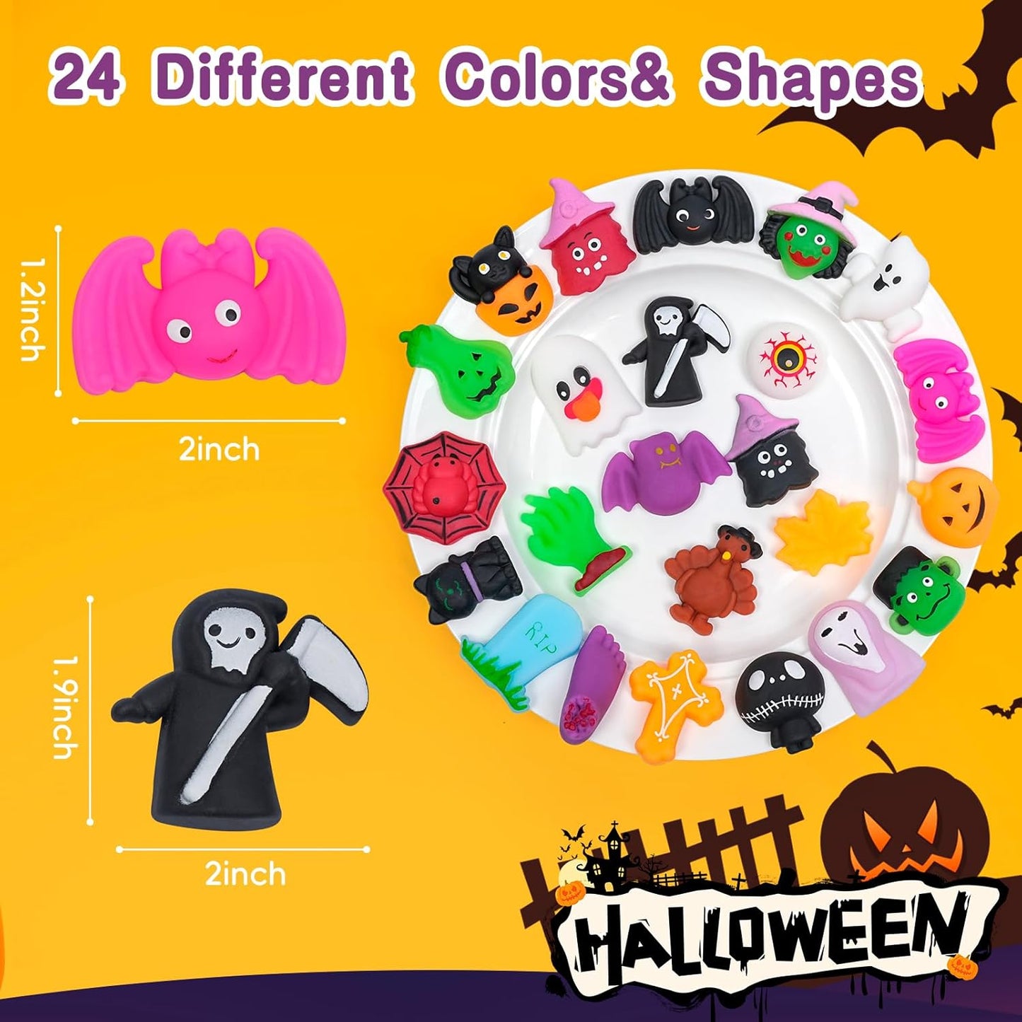 Pethomli 24 Pcs Halloween Mochi Squishies Toys,Mini Pumkin Ghost Mochi Squeeze Halloween Toys for Kids Party Favor,Cute Stress Relief Halloween Spiders Filler Basket Stuffer Gifts