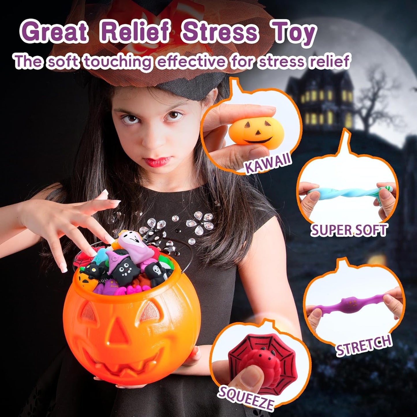 Pethomli 24 Pcs Halloween Mochi Squishies Toys,Mini Pumkin Ghost Mochi Squeeze Halloween Toys for Kids Party Favor,Cute Stress Relief Halloween Spiders Filler Basket Stuffer Gifts