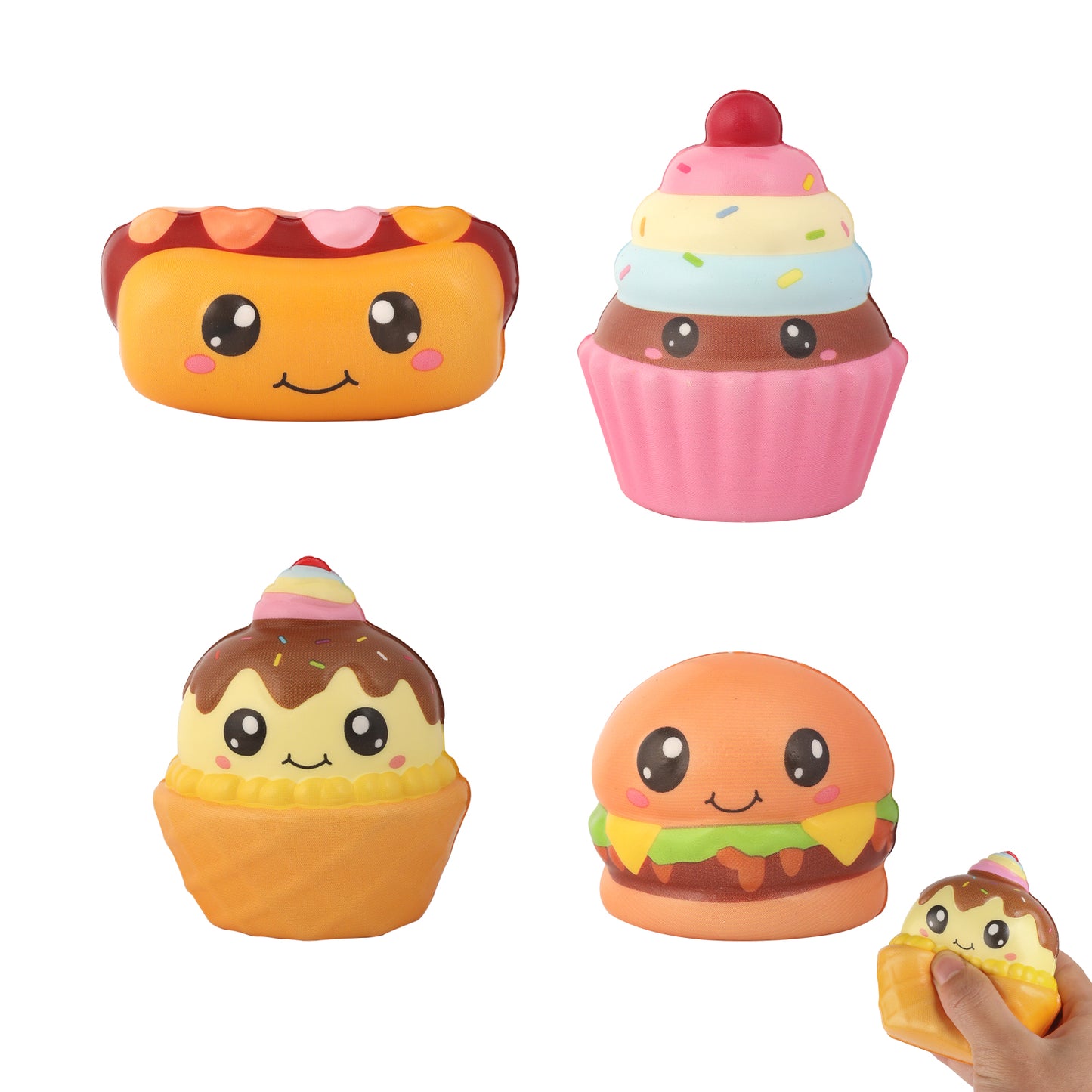 4 Pcs Slow Rising Food Toys for Kids, Kawaii Foam Squishy Toys in Smore Bread Hot Dog Pizza Cake  Stress Relief Squeeze Toy for Holiday Carnival Goodie Bag Stuffers