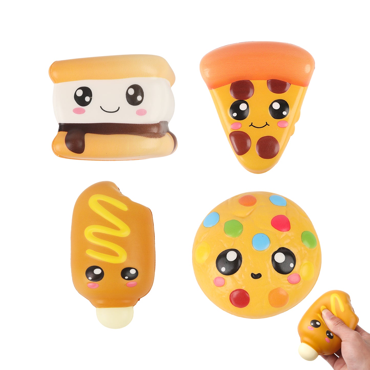 4 Pcs Slow Rising Food Toys for Kids, Kawaii Foam Squishy Toys in Smore Bread Hot Dog Pizza Cake  Stress Relief Squeeze Toy for Holiday Carnival Goodie Bag Stuffers