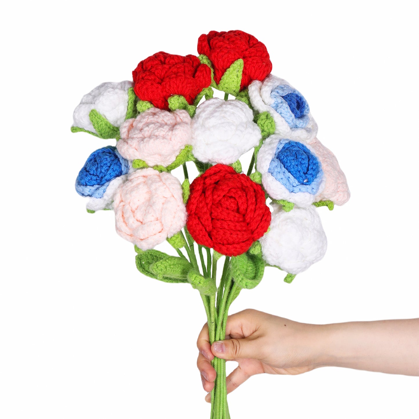 Handmade Crochet Rose Bouquet of 12 PCS,Artificial Knitted Rose Flowers 4 Colors for Home,Office,Wedding,Festival Gift Idea for Mom Girl Women
