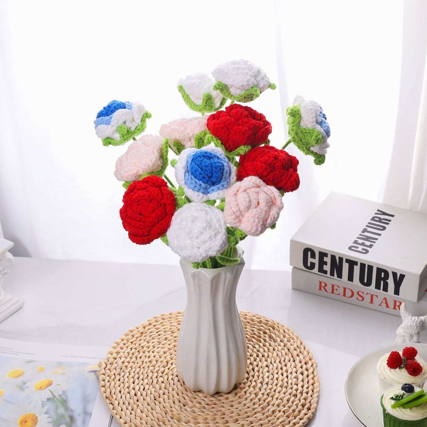 Handmade Crochet Rose Bouquet of 12 PCS,Artificial Knitted Rose Flowers 4 Colors for Home,Office,Wedding,Festival Gift Idea for Mom Girl Women