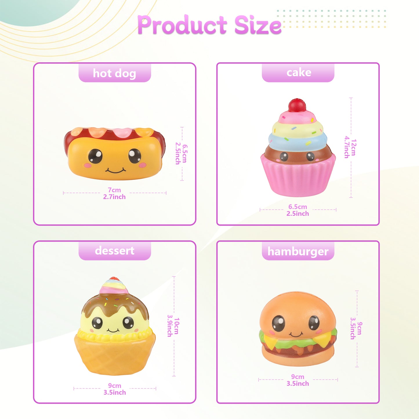 4 Pcs Slow Rising Food Toys for Kids, Kawaii Foam Squishy Toys in Smore Bread Hot Dog Pizza Cake  Stress Relief Squeeze Toy for Holiday Carnival Goodie Bag Stuffers