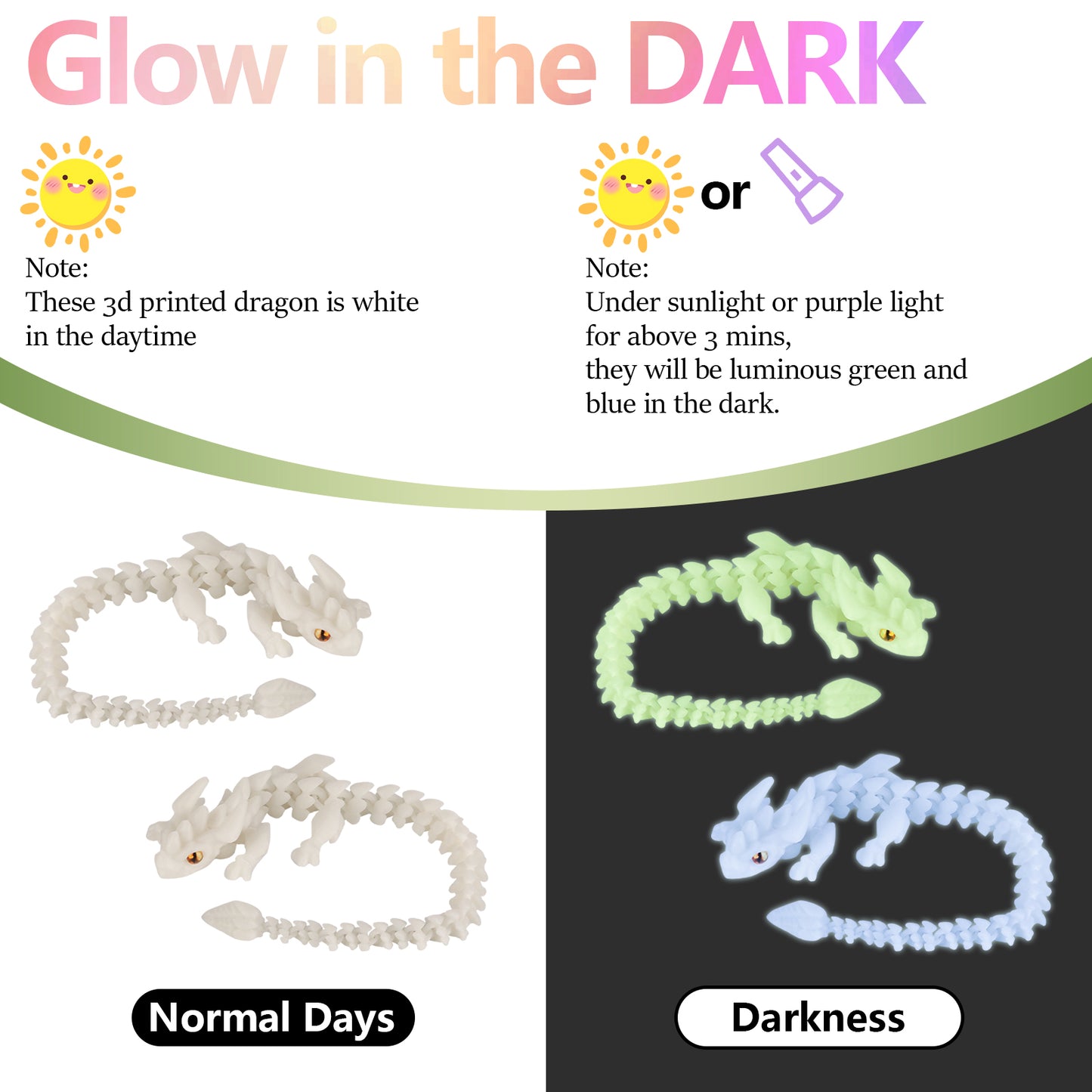 2Pcs 3D Printed Dragon Animal Toys,11.8" Glow in the Dark Dragon Articulated Flexible Fidget Toys,3D Printed White Dragon Animal Figure Toy for Home,Officec,Desk Decor