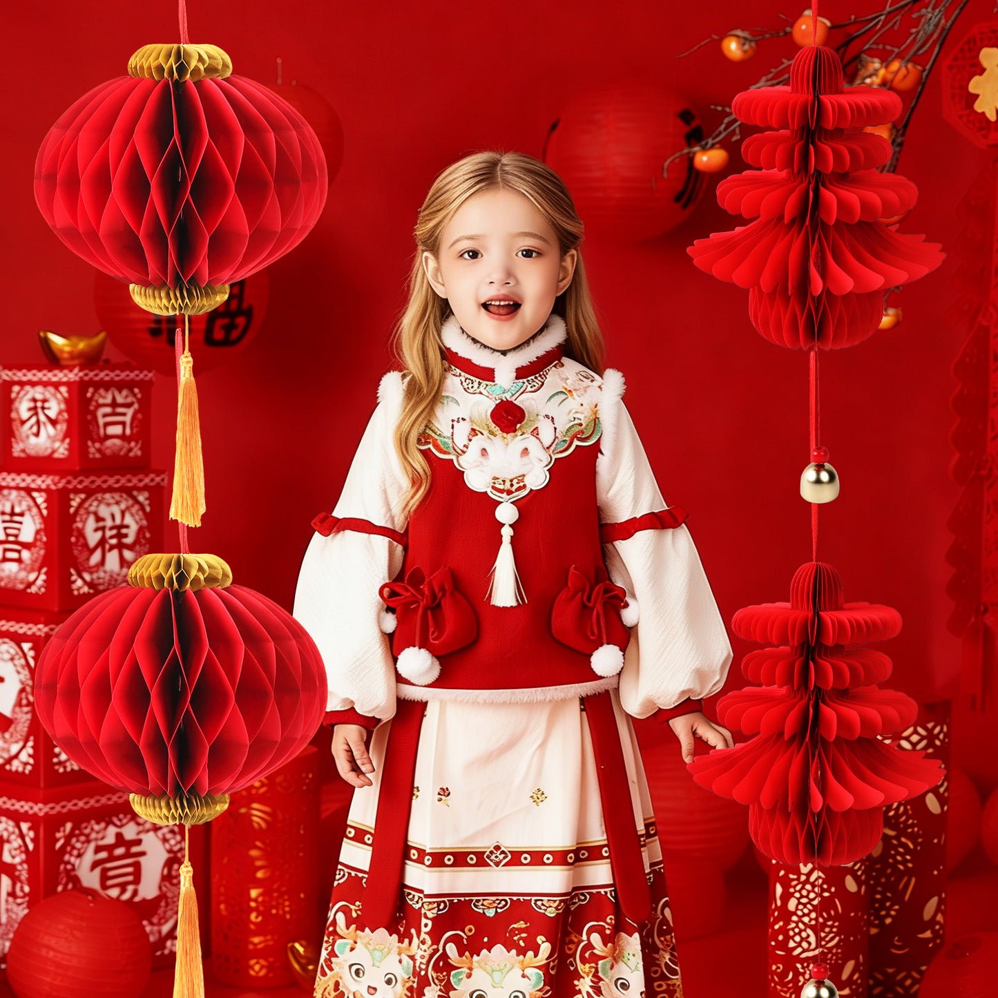 4 Pcs 7.08 Inches Chinese Red Paper Lanterns Chun Festival Decorations for Chinese Lunar New Year,Wedding Party Hanging Home Restaurant Ornaments
