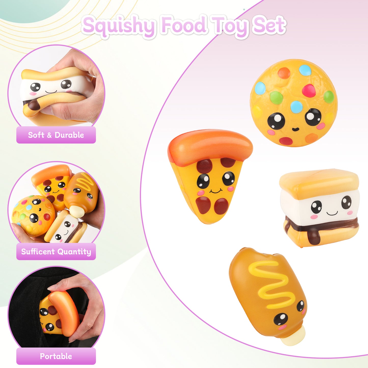 4 Pcs Slow Rising Food Toys for Kids, Kawaii Foam Squishy Toys in Smore Bread Hot Dog Pizza Cake  Stress Relief Squeeze Toy for Holiday Carnival Goodie Bag Stuffers