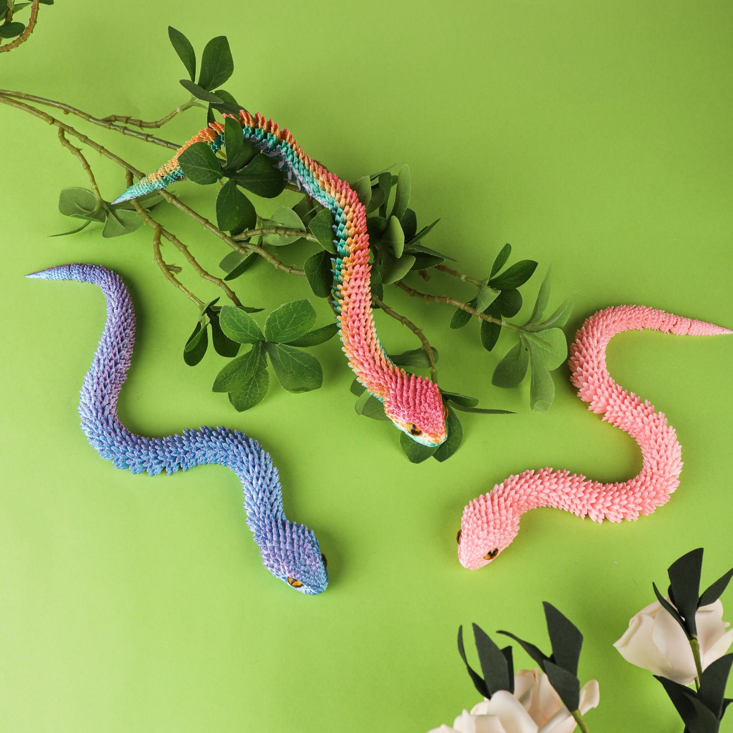 3Pcs 3D Printed Snake Animal Toys,11.8" Realistic Snakes Articulated Flexible Fidget Toys,3D Printed Scary Snake Animal Figure Toy for Home,Officec,Desk Decor