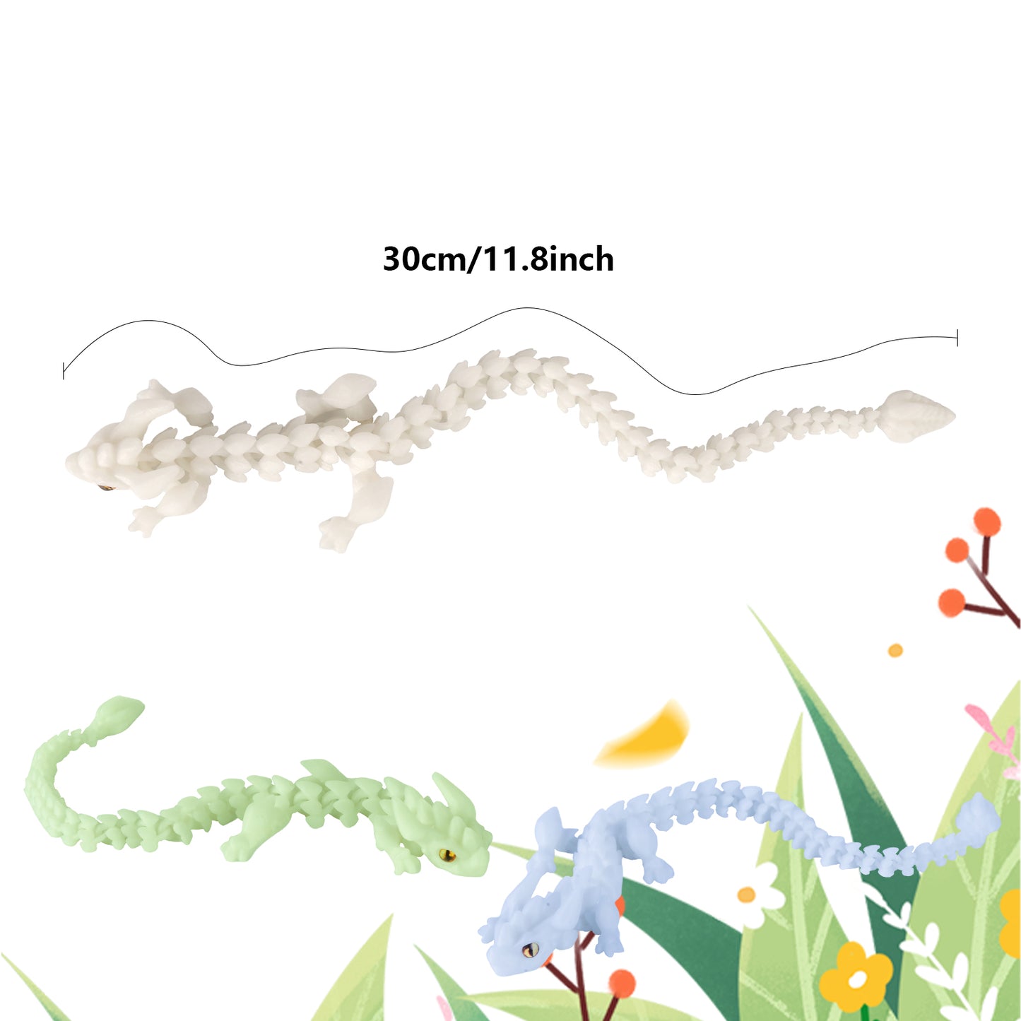 2Pcs 3D Printed Dragon Animal Toys,11.8" Glow in the Dark Dragon Articulated Flexible Fidget Toys,3D Printed White Dragon Animal Figure Toy for Home,Officec,Desk Decor