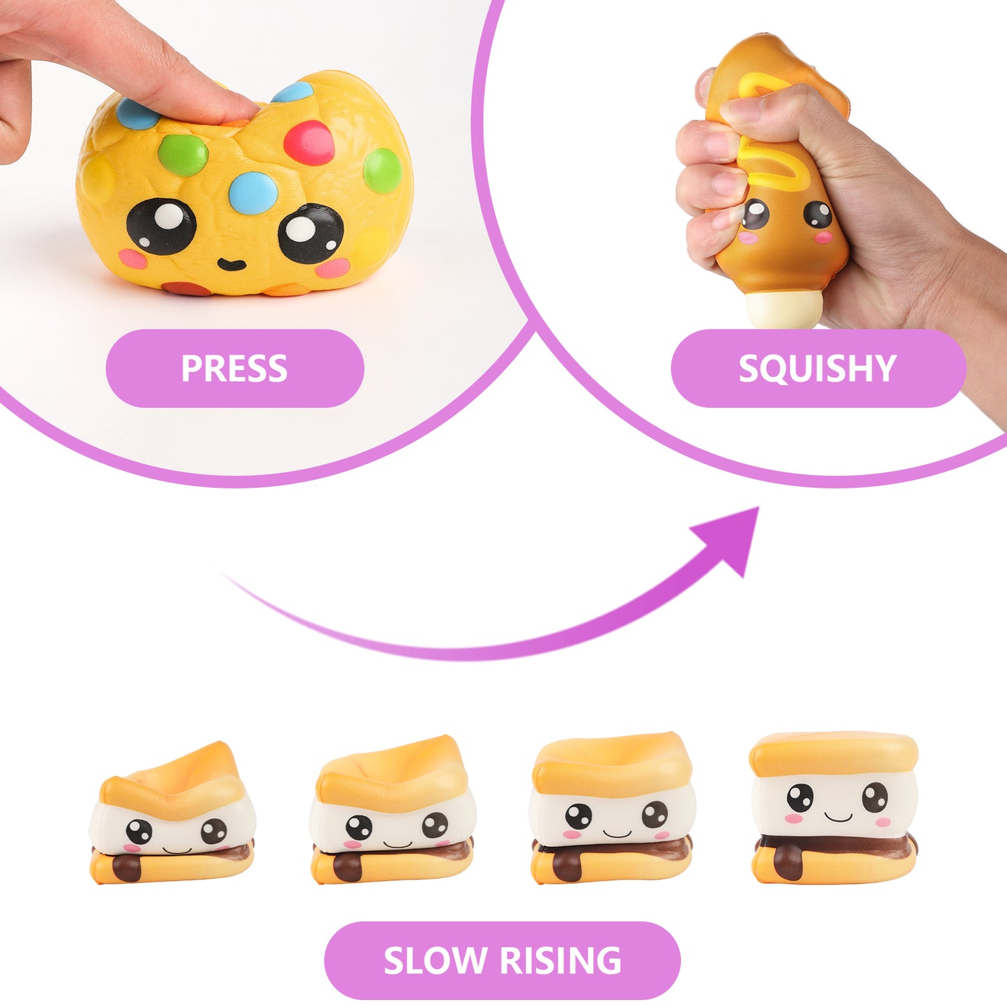 4 Pcs Slow Rising Food Toys for Kids, Kawaii Foam Squishy Toys in Smore Bread Hot Dog Pizza Cake  Stress Relief Squeeze Toy for Holiday Carnival Goodie Bag Stuffers