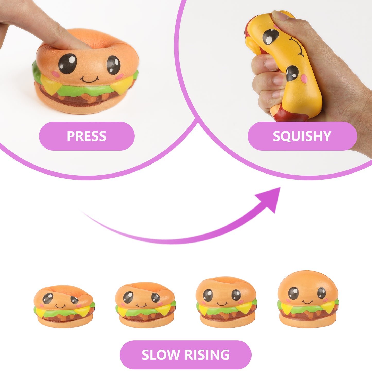 4 Pcs Slow Rising Food Toys for Kids, Kawaii Foam Squishy Toys in Smore Bread Hot Dog Pizza Cake  Stress Relief Squeeze Toy for Holiday Carnival Goodie Bag Stuffers