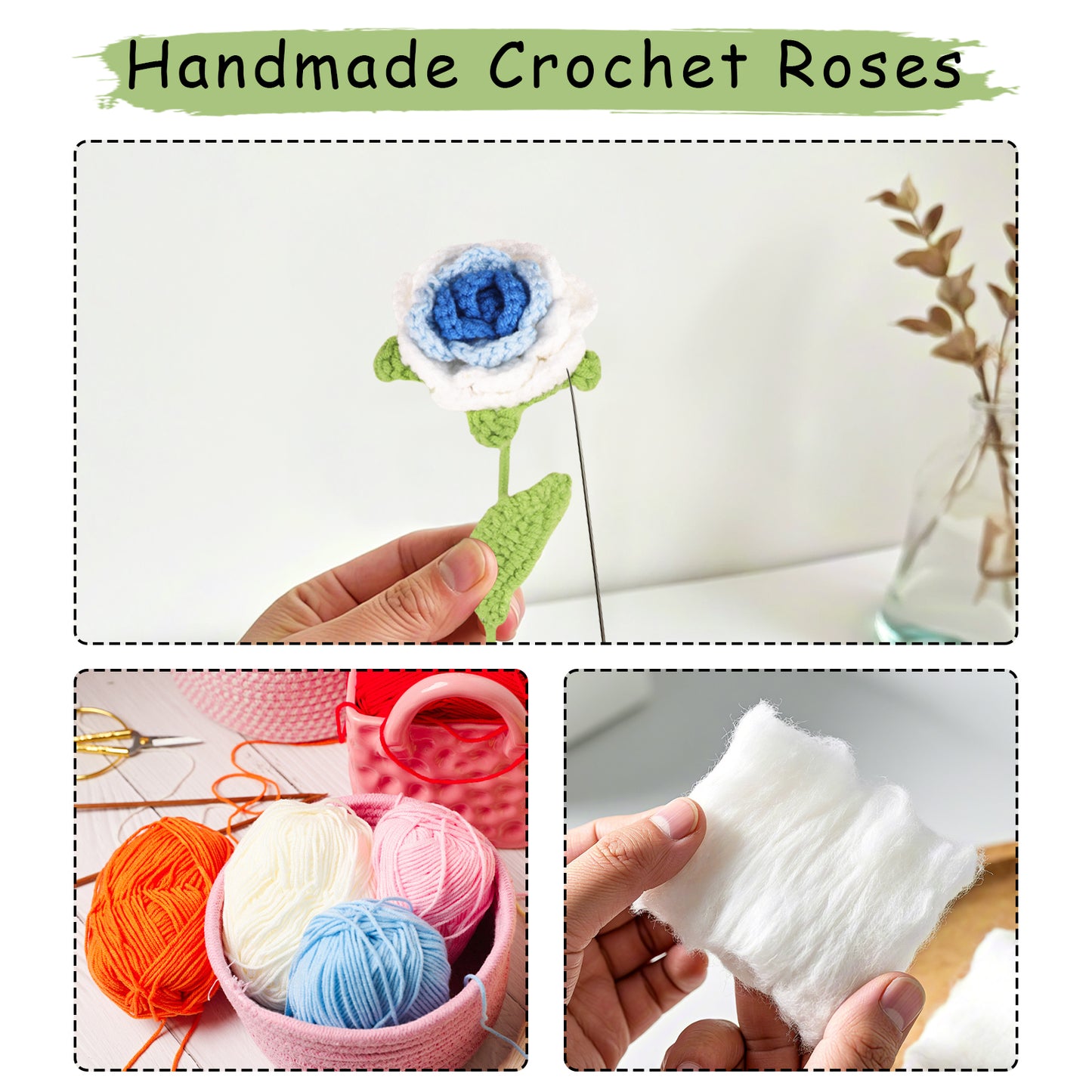 Handmade Crochet Rose Bouquet of 12 PCS,Artificial Knitted Rose Flowers 4 Colors for Home,Office,Wedding,Festival Gift Idea for Mom Girl Women