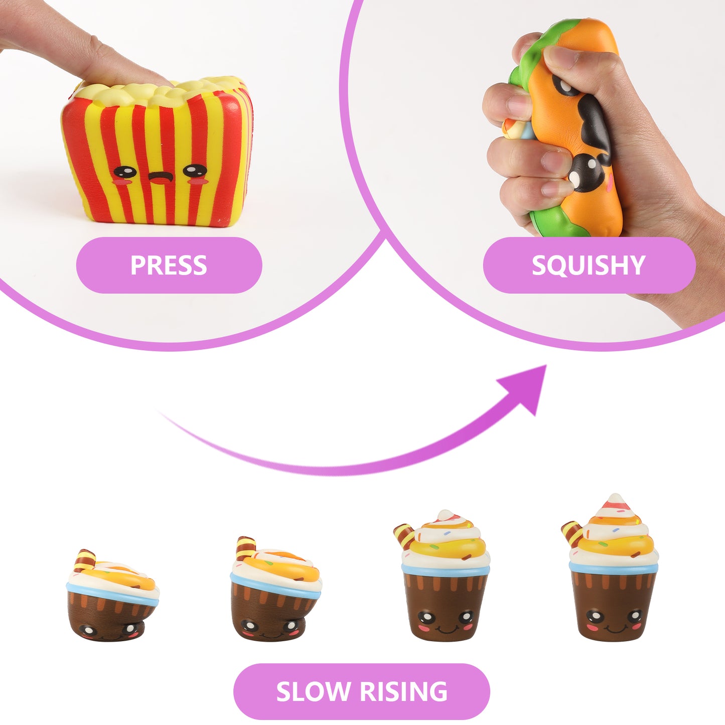 4 Pcs Slow Rising Food Toys for Kids, Kawaii Foam Squishy Toys in Smore Bread Hot Dog Pizza Cake  Stress Relief Squeeze Toy for Holiday Carnival Goodie Bag Stuffers