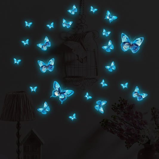 Glow in The Dark 3D Butterfly 24 Pcs 3 Sizes, Luminous Butterfly Stickers for Ceiling or Wall, Glow in The Dark Party Supplies, Removable Luminous Stickers for Kids Babys Nursery (Blue)