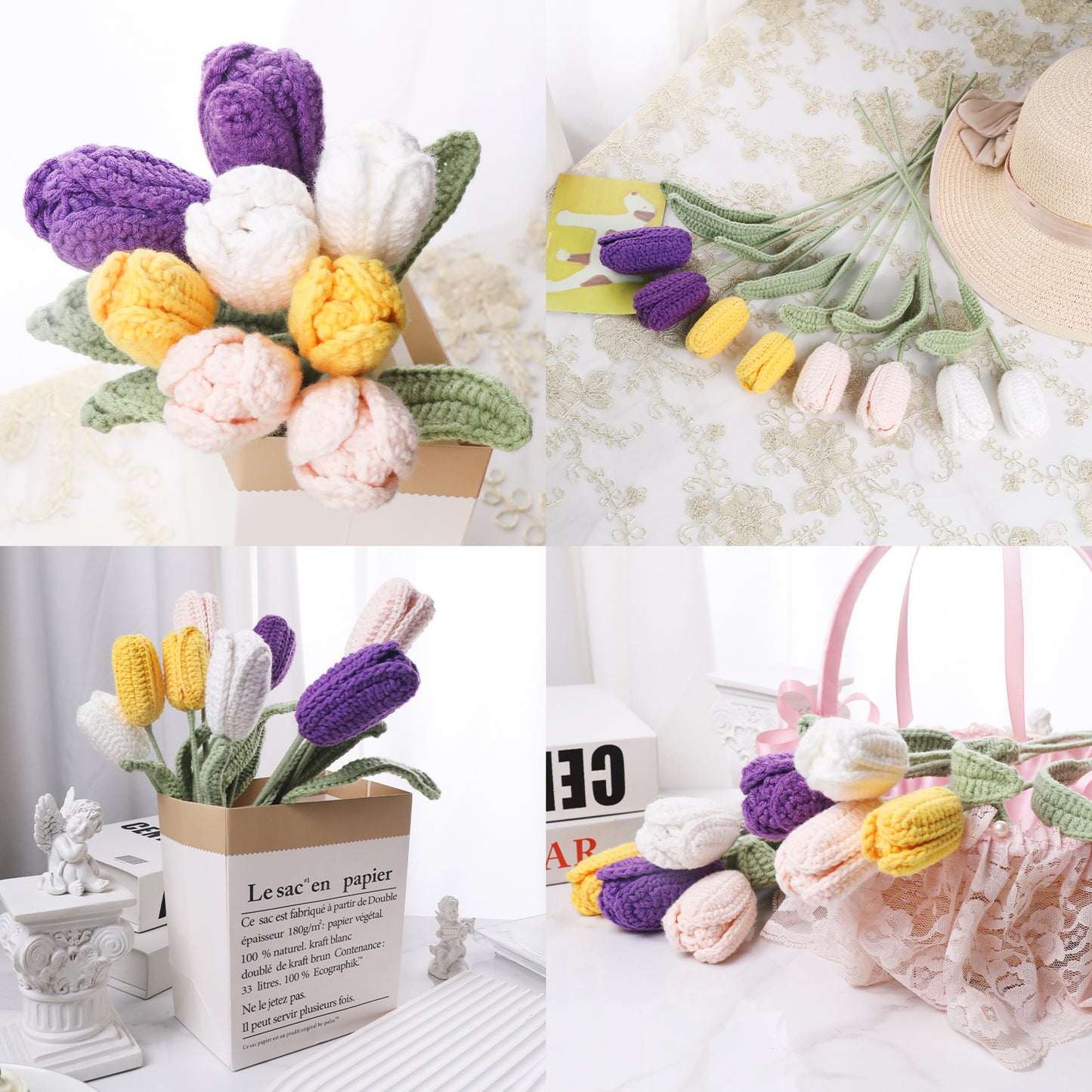 Handmade Crochet Tulip Bouquet of 8 PCS,Artificial Knitted Tulip Flowers 4 Colors for Home,Office,Wedding,Festival Gift Idea for Mom Girl Women