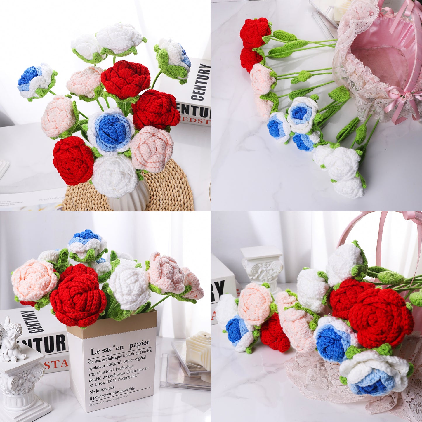 Handmade Crochet Rose Bouquet of 12 PCS,Artificial Knitted Rose Flowers 4 Colors for Home,Office,Wedding,Festival Gift Idea for Mom Girl Women