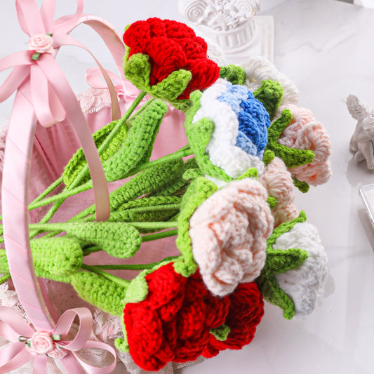 Handmade Crochet Rose Bouquet of 12 PCS,Artificial Knitted Rose Flowers 4 Colors for Home,Office,Wedding,Festival Gift Idea for Mom Girl Women