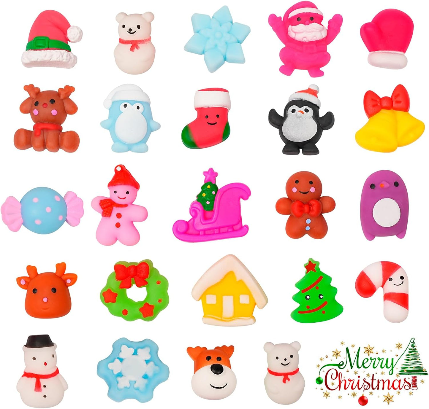 24 Pcs Christmas Mochi Squishies Toys,Mini Snowman Tree Mochi Squeeze Christmas Toys for Kids Party Favor,Cute Stress Relief Xmas Bells Filler Basket Socks Stuffer Gifts