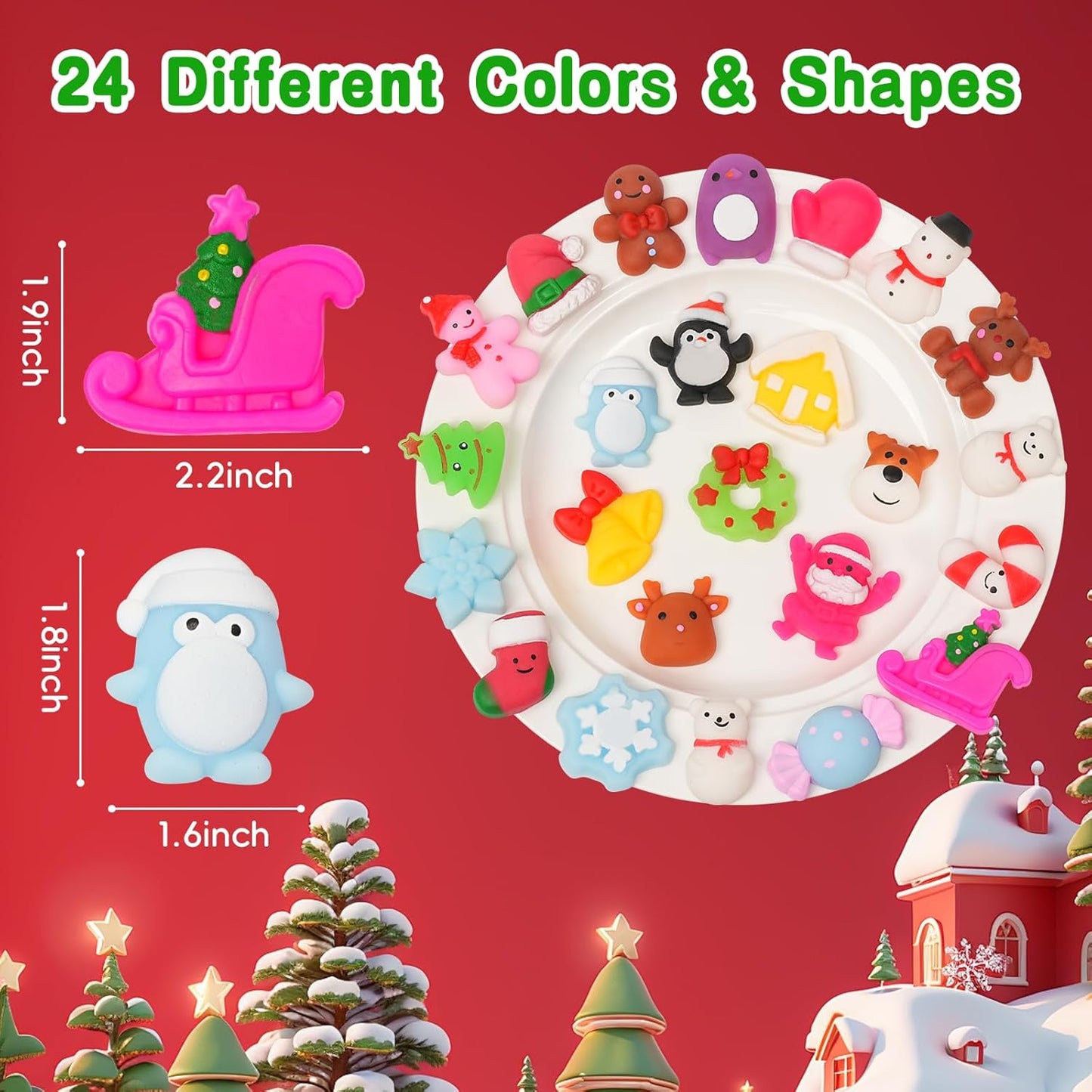 24 Pcs Christmas Mochi Squishies Toys,Mini Snowman Tree Mochi Squeeze Christmas Toys for Kids Party Favor,Cute Stress Relief Xmas Bells Filler Basket Socks Stuffer Gifts