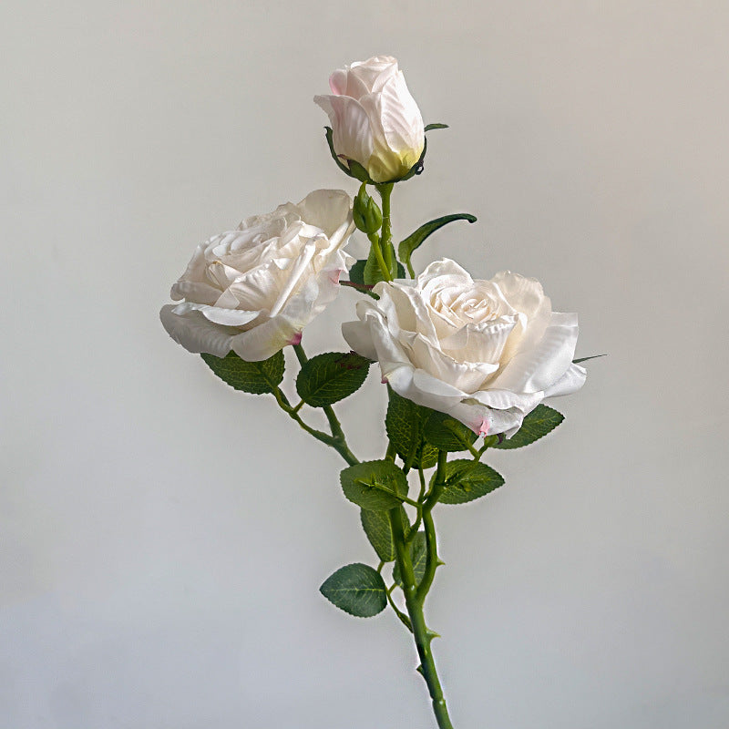 French simulation flower single branch 3 heads burnt edge rose retro, home living room decoration fake dried flower bouquet advanced sense