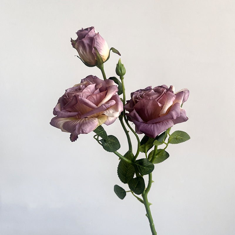 French simulation flower single branch 3 heads burnt edge rose retro, home living room decoration fake dried flower bouquet advanced sense