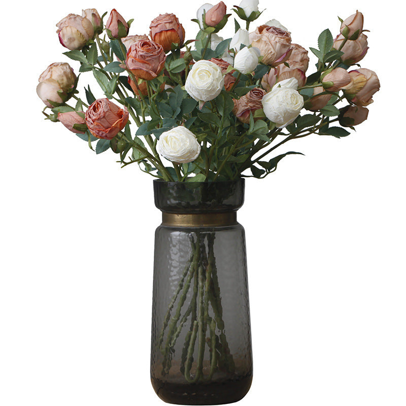 Simulation flower 5 heads burnt edge rose retro silk flower, home wedding decoration fake flower dried flower bouquet advanced layout