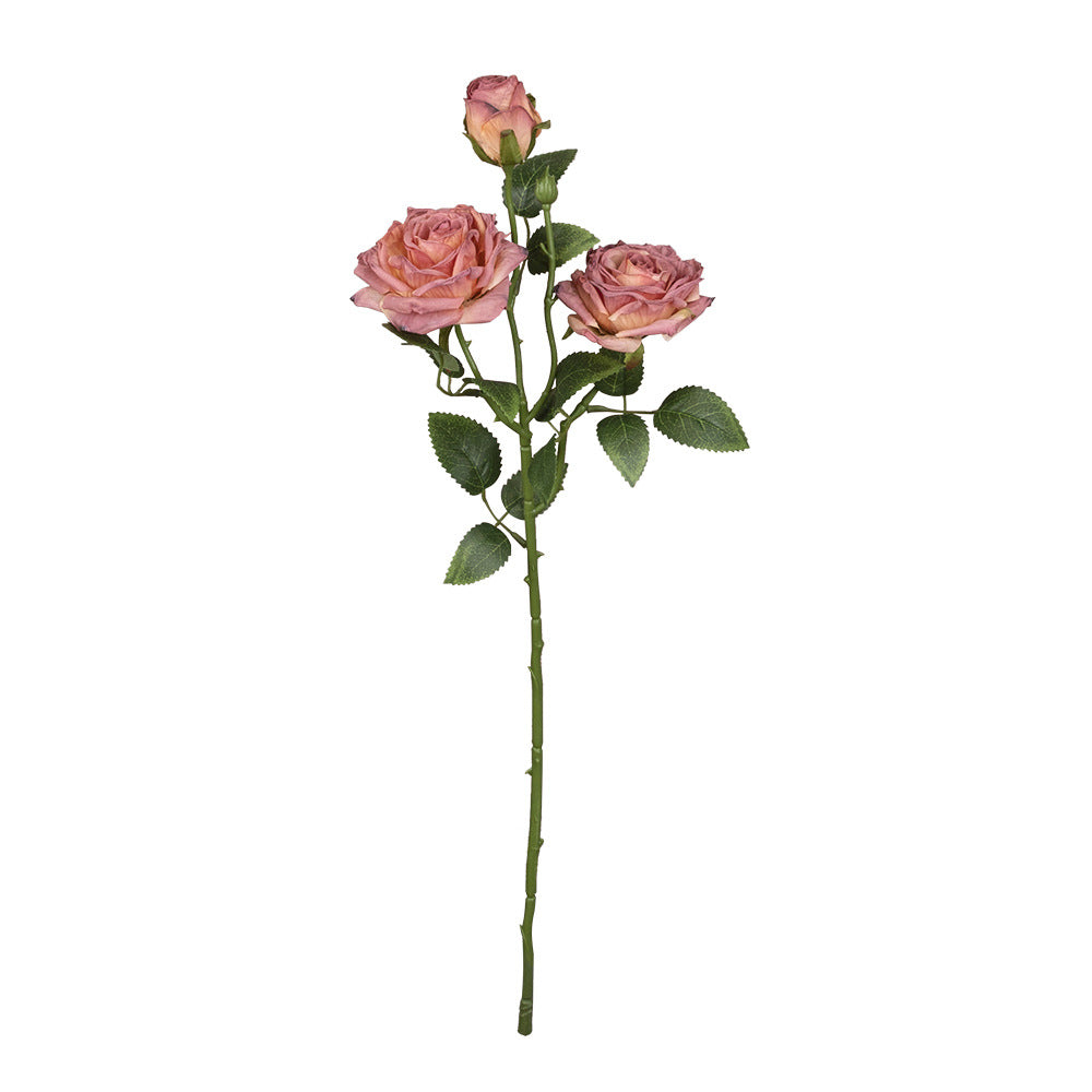 French simulation flower single branch 3 heads burnt edge rose retro, home living room decoration fake dried flower bouquet advanced sense