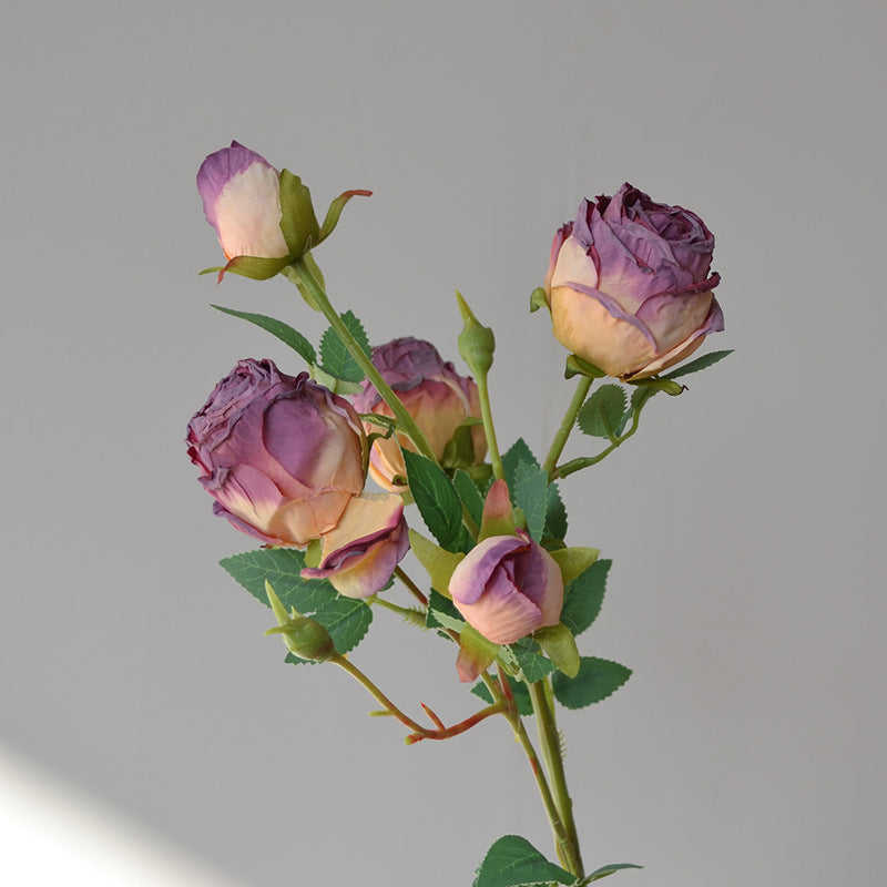 Simulation flower 5 heads burnt edge rose retro silk flower, home wedding decoration fake flower dried flower bouquet advanced layout