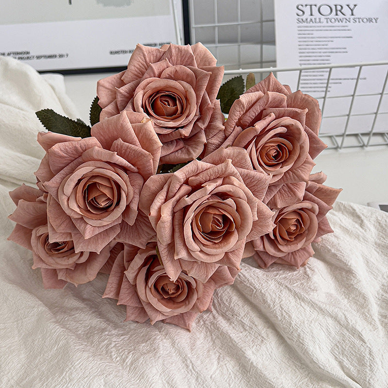 7-Head embossed cappuccino rose bouquet simulation flower, wedding car decoration fake dried flower bouquet high sense