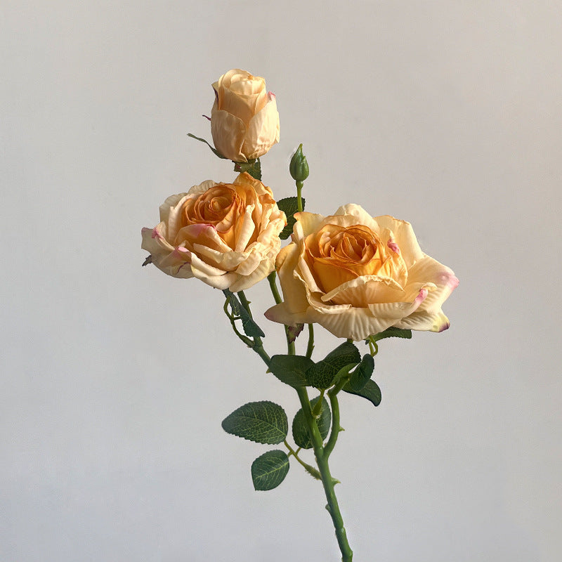 French simulation flower single branch 3 heads burnt edge rose retro, home living room decoration fake dried flower bouquet advanced sense