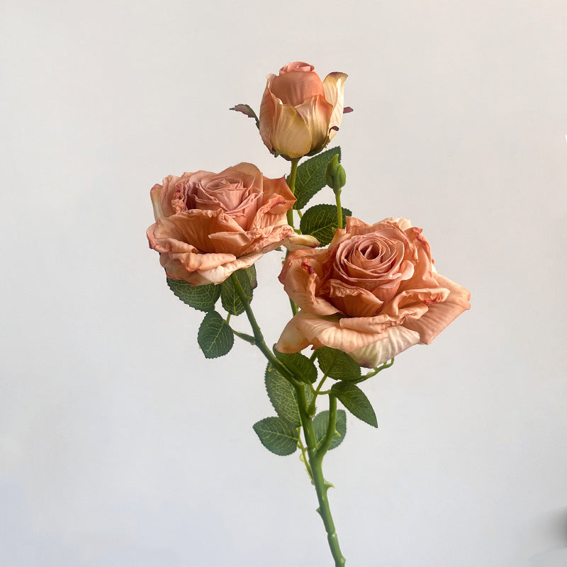 French simulation flower single branch 3 heads burnt edge rose retro, home living room decoration fake dried flower bouquet advanced sense