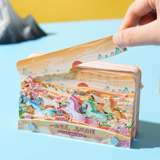 2026 Year of the Horse Calendar 3D paper carving calendar can be torn by hand National Tide high-value New Year's business gifts Flower Sea Pegasus
