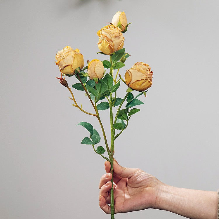 Simulation flower 5 heads burnt edge rose retro silk flower, home wedding decoration fake flower dried flower bouquet advanced layout