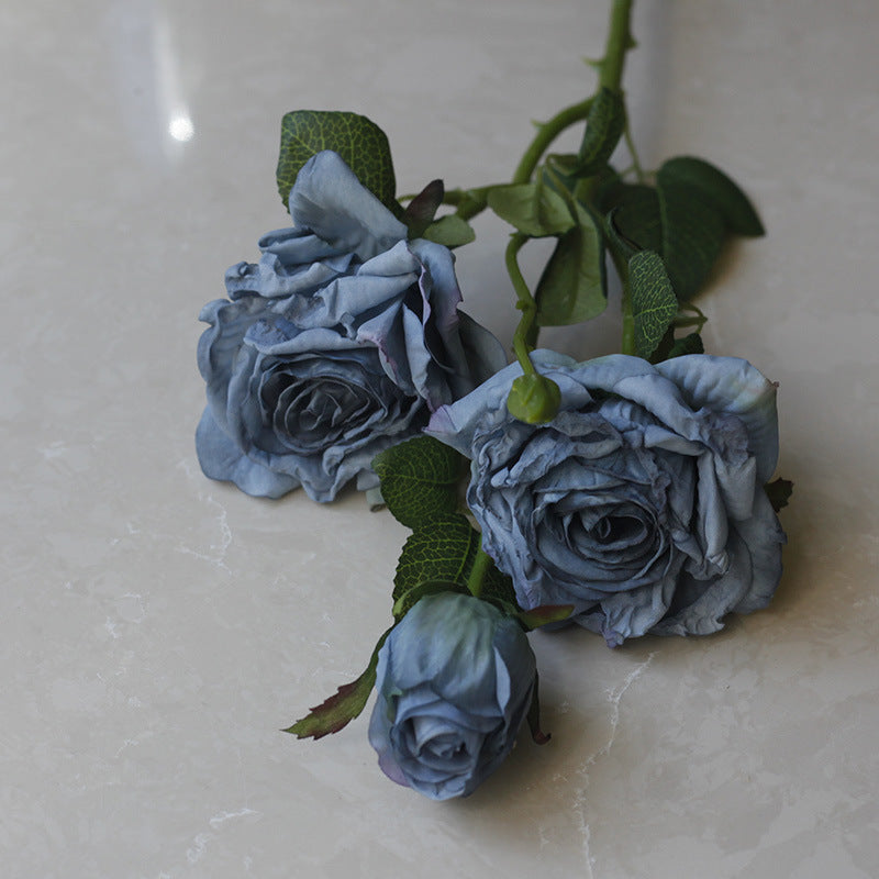 Simulation flower 5 heads burnt edge rose retro silk flower, home wedding decoration fake flower dried flower bouquet advanced layout