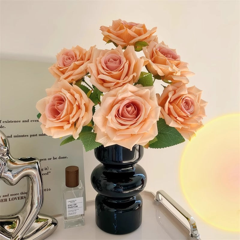 7-Head embossed cappuccino rose bouquet simulation flower, wedding car decoration fake dried flower bouquet high sense