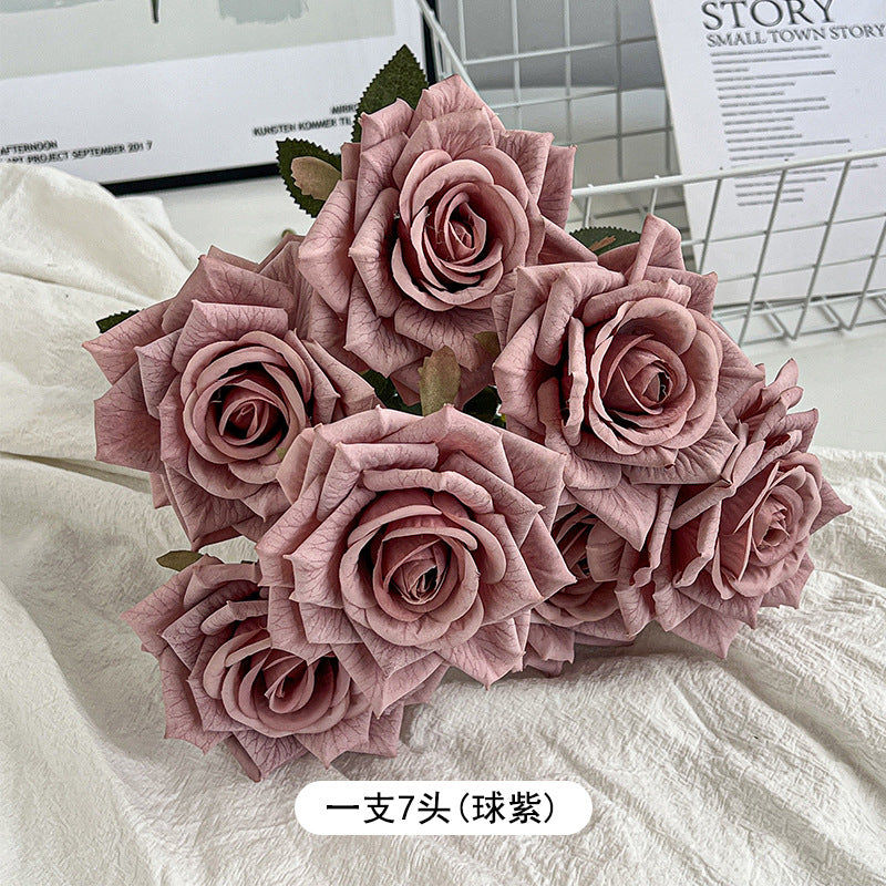 7-Head embossed cappuccino rose bouquet simulation flower, wedding car decoration fake dried flower bouquet high sense
