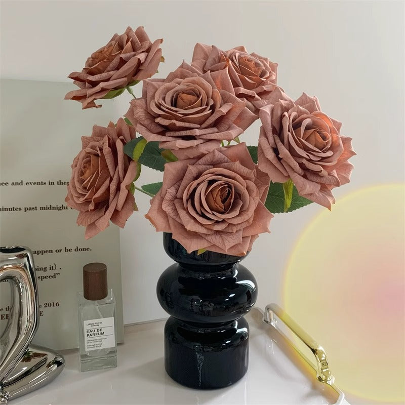 7-Head embossed cappuccino rose bouquet simulation flower, wedding car decoration fake dried flower bouquet high sense