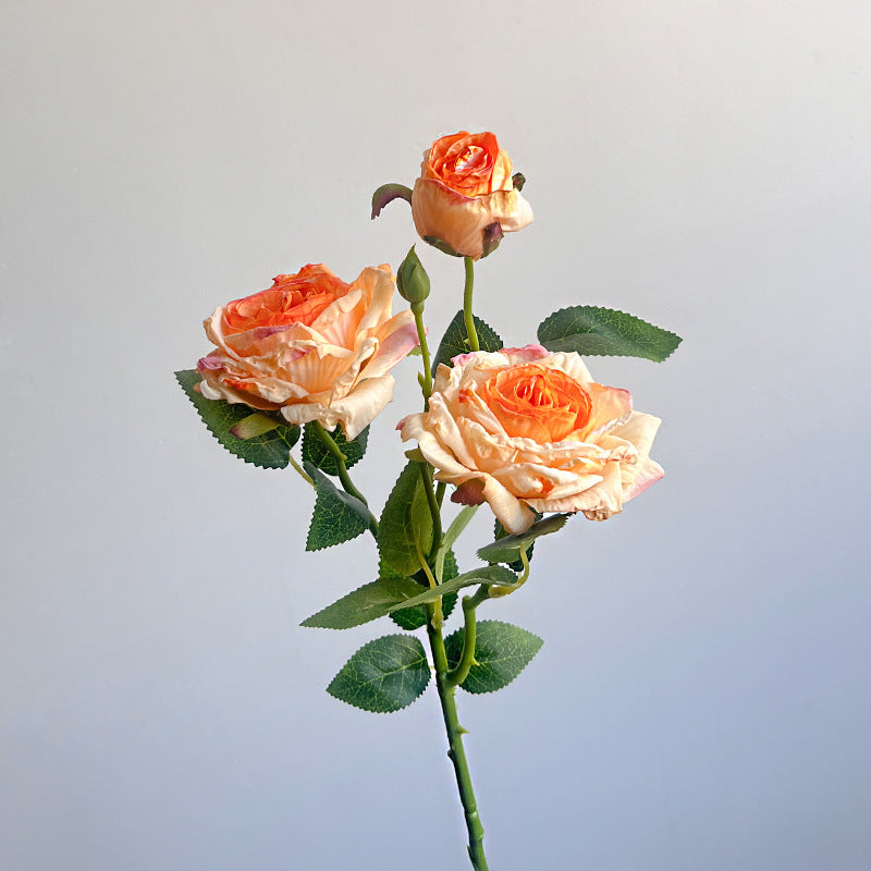 French simulation flower single branch 3 heads burnt edge rose retro, home living room decoration fake dried flower bouquet advanced sense