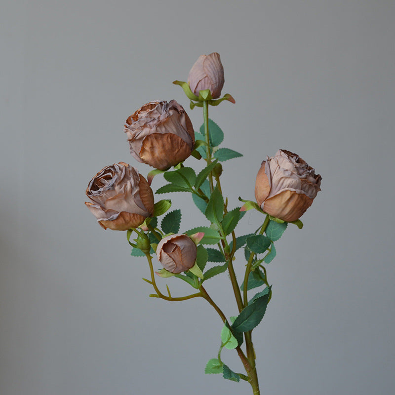 Simulation flower 5 heads burnt edge rose retro silk flower, home wedding decoration fake flower dried flower bouquet advanced layout