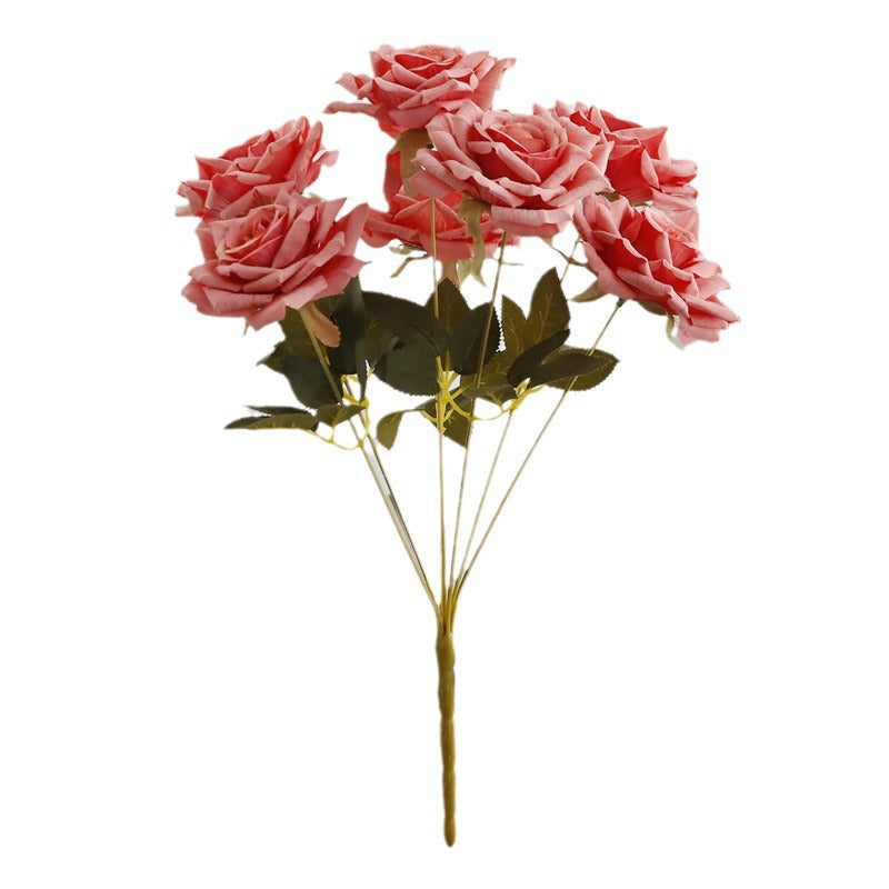 7-Head embossed cappuccino rose bouquet simulation flower, wedding car decoration fake dried flower bouquet high sense