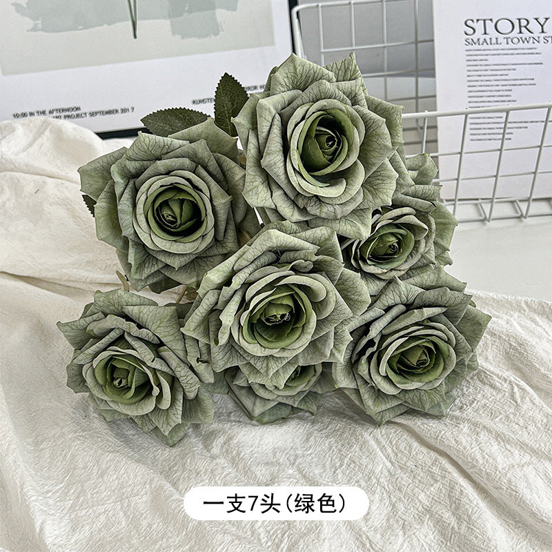 7-Head embossed cappuccino rose bouquet simulation flower, wedding car decoration fake dried flower bouquet high sense