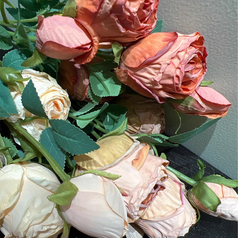 Simulation flower 5 heads burnt edge rose retro silk flower, home wedding decoration fake flower dried flower bouquet advanced layout