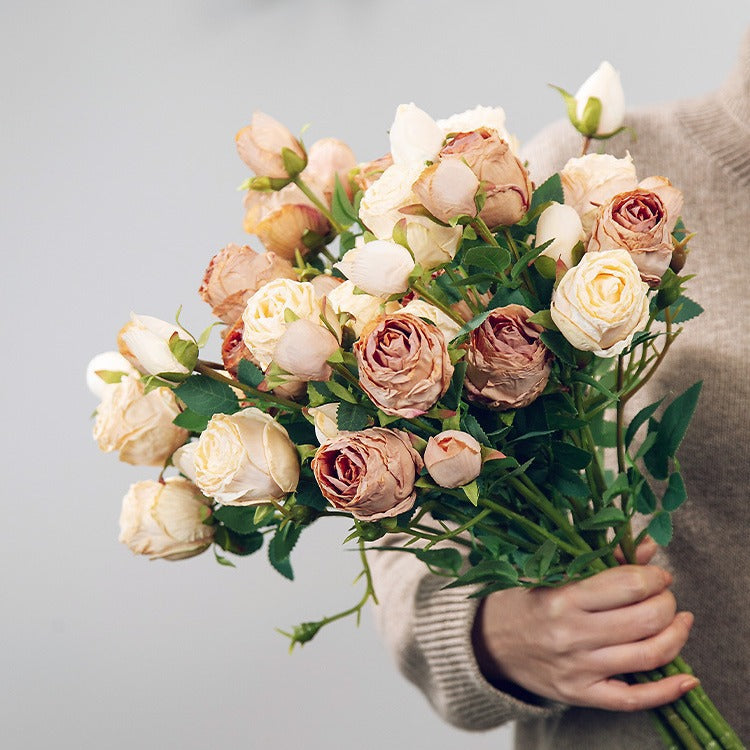 Simulation flower 5 heads burnt edge rose retro silk flower, home wedding decoration fake flower dried flower bouquet advanced layout