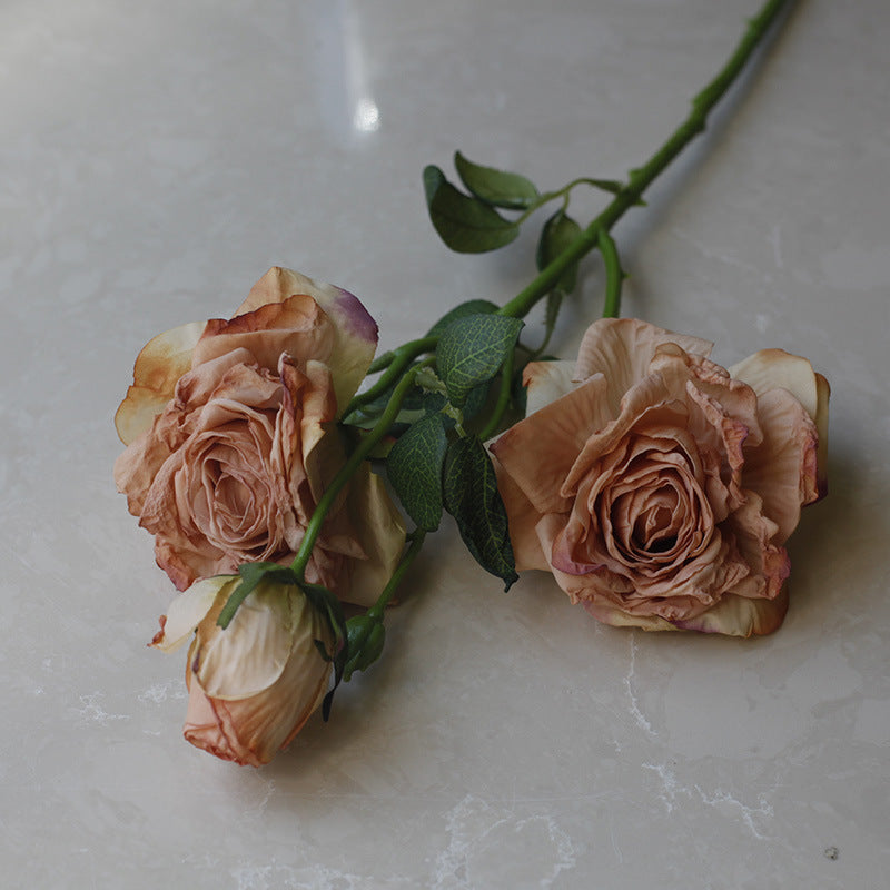 Simulation flower 5 heads burnt edge rose retro silk flower, home wedding decoration fake flower dried flower bouquet advanced layout